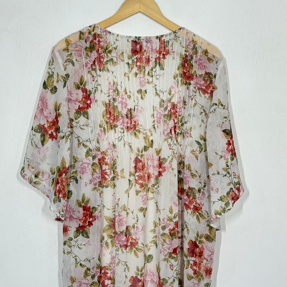 American Eagle Kimono Duster Womens L/XL White Floral Open Front Sheer Pleated - Picture 5 of 8